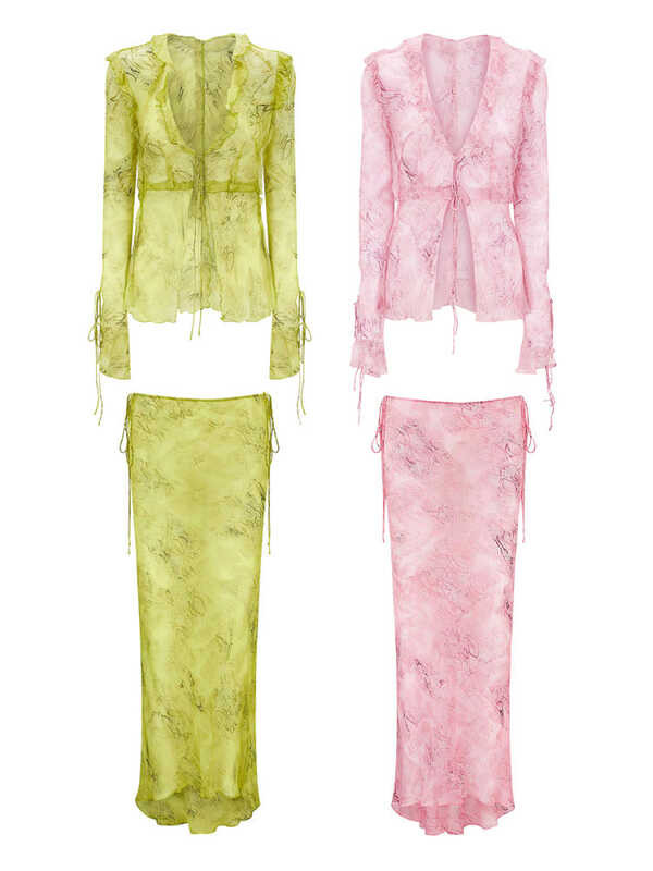 ▣ ชุดกระโปรง2ชิ้นสำหรับผู้หญิง,Y2k แขนยาวผูกการ์ดตา