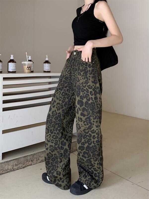 กางเกงเอวสูง กางเกงทรงกระบอก y2k กางเกงยีนส์ สําหรับผู้หญิง ลายเสือ สไตล์เกาหลี #J1201