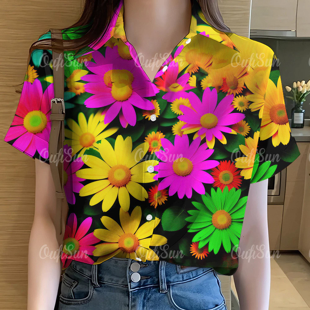 เสื้อลายดอกผู้หญิงแขนสั้น แขนฮาวาย ลําลอง โอเวอร์ไซส์ 2568