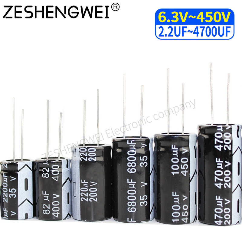ตัวเก็บประจุอลูมิเนียมอิเล็กโทรไลติก6.3V 10V 16V 25V 35V 50V 400V 450V 1Uf 2.2Uf 4.7Uf 10Uf 1000Uf 2