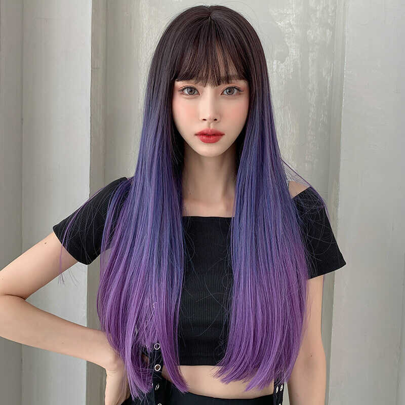 ➧ 7Jhh WIGS Tinina Blue Long Straight Fashion Lady Bangs Color Anime Cosplay Party Full Head Synt
