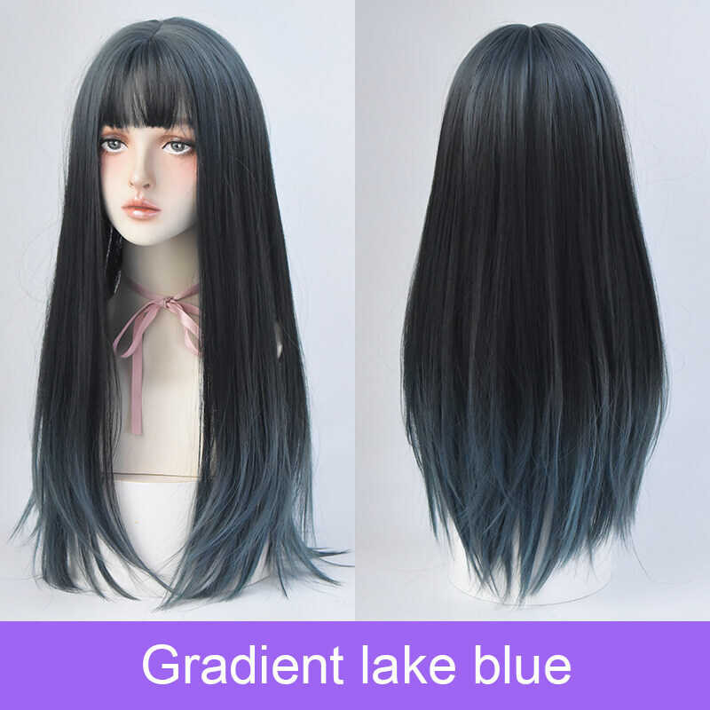➧ 7Jhh WIGS For Women Ombre Blue Female Handsome Full Headgear Long Straight Hair Natural Realist