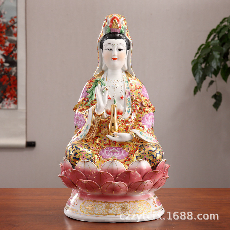 Ceramic Buddha Statue 14-20 inch Nanhai Guanyin Bodhisattva Porcelain Statue Enamel Color Guanyin
