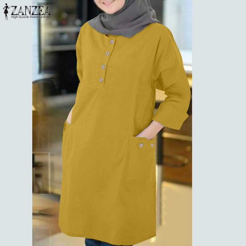 ❤ ZANZEA เสื้อผู้หญิงมุสลิม,เสื้อเบลาส์ลำลองกระดุมคอก