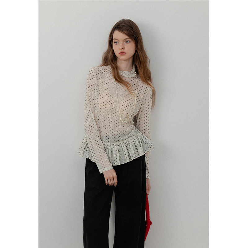 Shanmieleng Apricot Polka Dot Ruffled เสื้อยืดแขนยาวผู้หญิงฤดูใบไม้ผลิ Layered Top