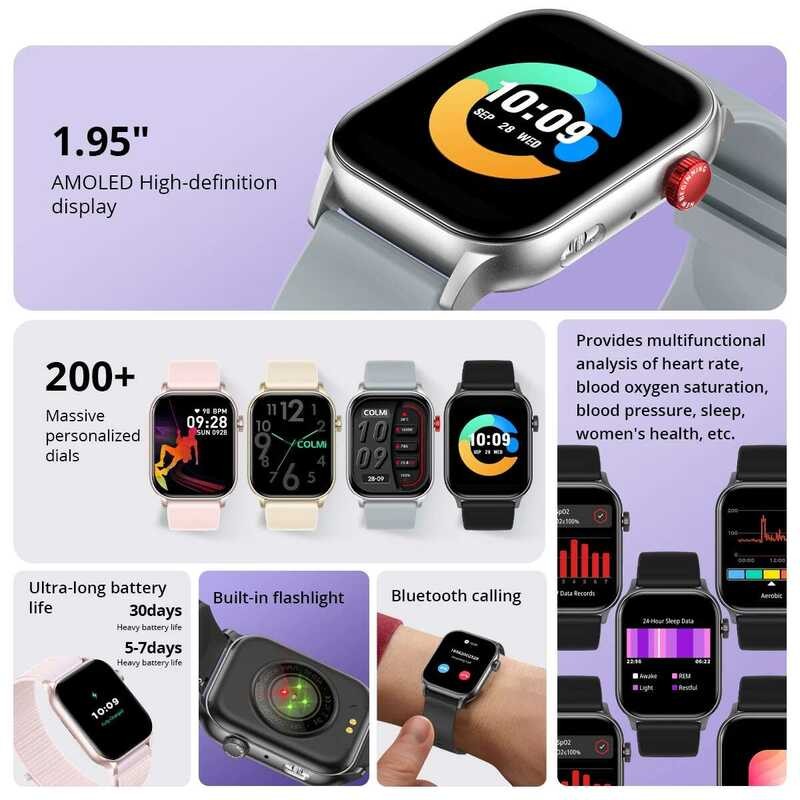 ❥ 2024 COLMI P78 1.95 ''Hd AMOLED Smartwatchไฟฉายโทรด้วยเสียง 100 + โหมดกีฬาการตรวจสอบสุขภาพสมา