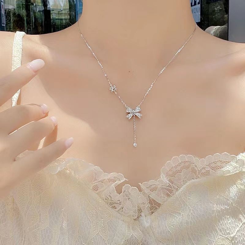 ♞สร้อยคอ ---  925 Sterling Silver Bow Tassel Necklace