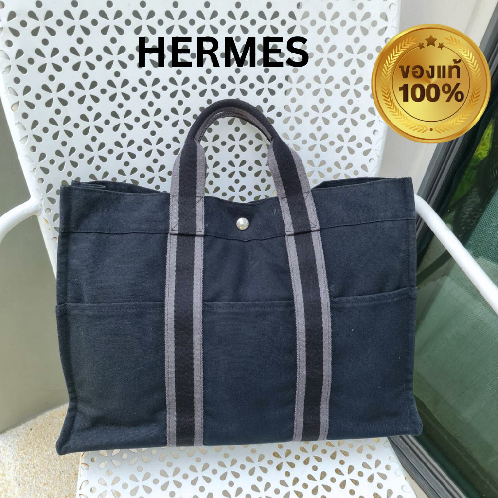 ♞,♘,♙กระเป๋าผ้าแอร์เมสสีดำมือสองของแท้ Hermes ผ้าแคนวาสHERMES Fourre Tout MM Hand Tote Bag Canvas B
