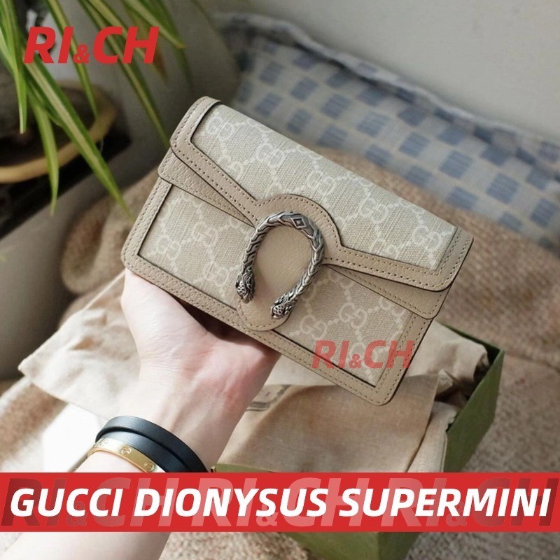 ♞#Rich ราคาถูกที่สุดใน Shopee แท้GUCCI DIONYSUS GG SUPER MINI BAG Beige and white GG Supreme canvas