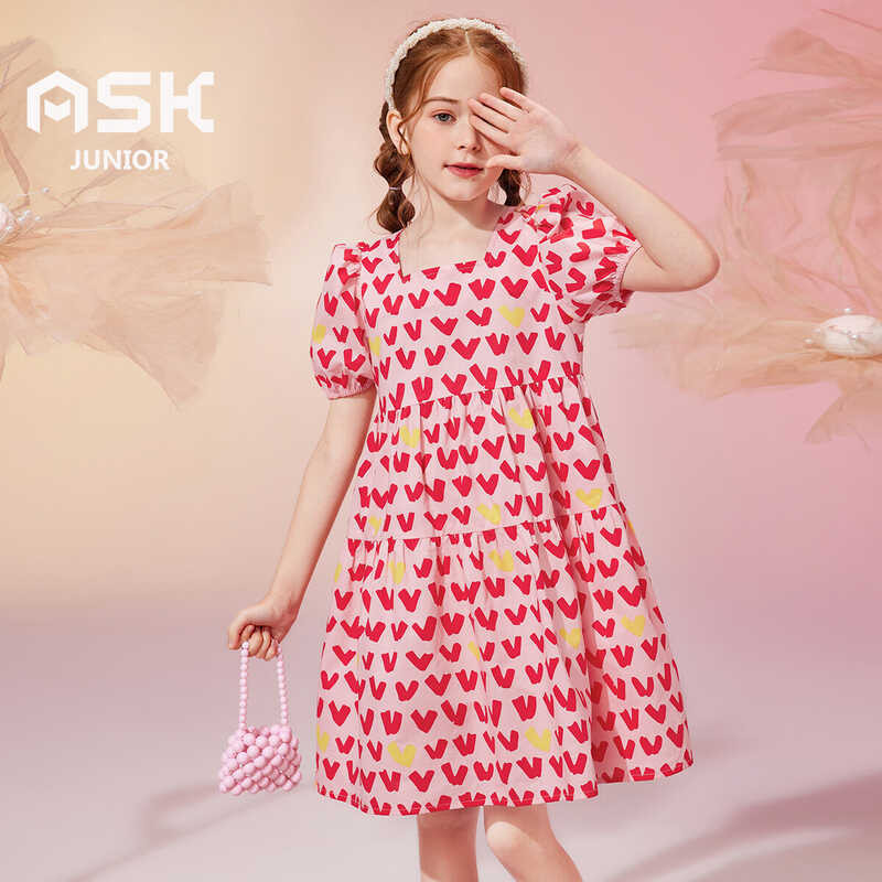 ❤ ASK JUNIOR Girls 4-15 Years Old Sweet Love Full Print Fashion Princess Dress