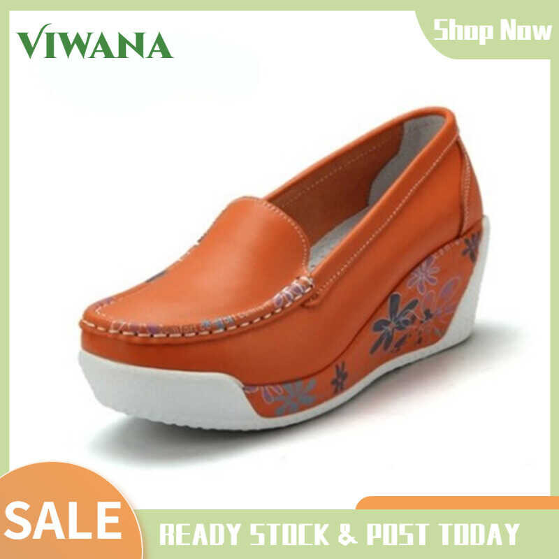 Korean VIWANA Wedge Style Closed Platform Sneakers Genuine Leather Loafers For Slip On Thick Bottom