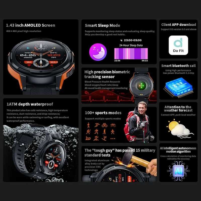 ❥ C25 สมาร์ทนาฬิกาสําหรับชายหน้าจอamoled 1.43 "1Atmกันน้ําheart Rate Monitorกีฬาsmartwatchฟันสี
