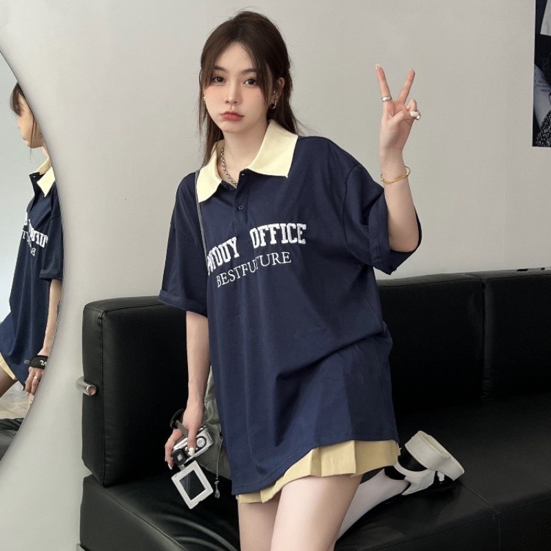 Solovely สไตล์เกาหลี เสื้อผู้หญิง งานปัก แขนสั้น เสื้อโปโล โอเวอร์ไซซ์ เสื้อยืด