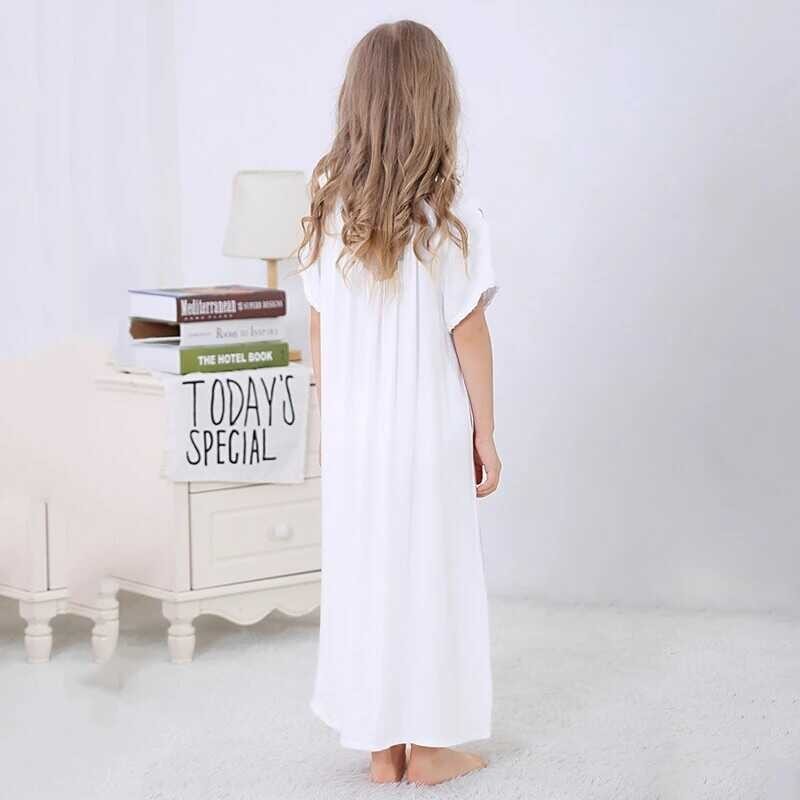 ➧ Summer Pamas Children Sleepwear White Lace Princess Dress Modal Sleeveless Girls Nightdress Cou