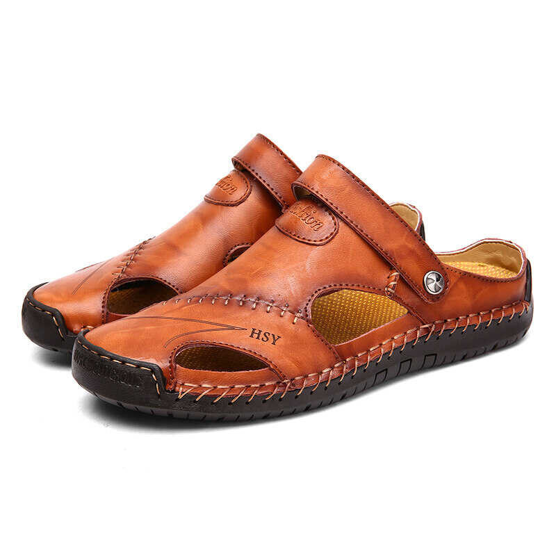 ➧ Men's Leather Sandals Men's Casual Easy To Wear PU Leather Sandals Men Shoes