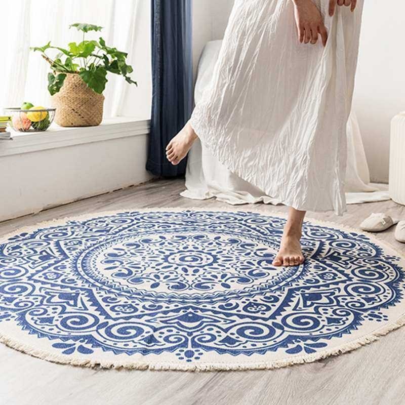 Cotton Bedroom Bohemian Hand Woven Geometric Pattern Carpet Knitting Floor Mat Nordic Ethnic Style