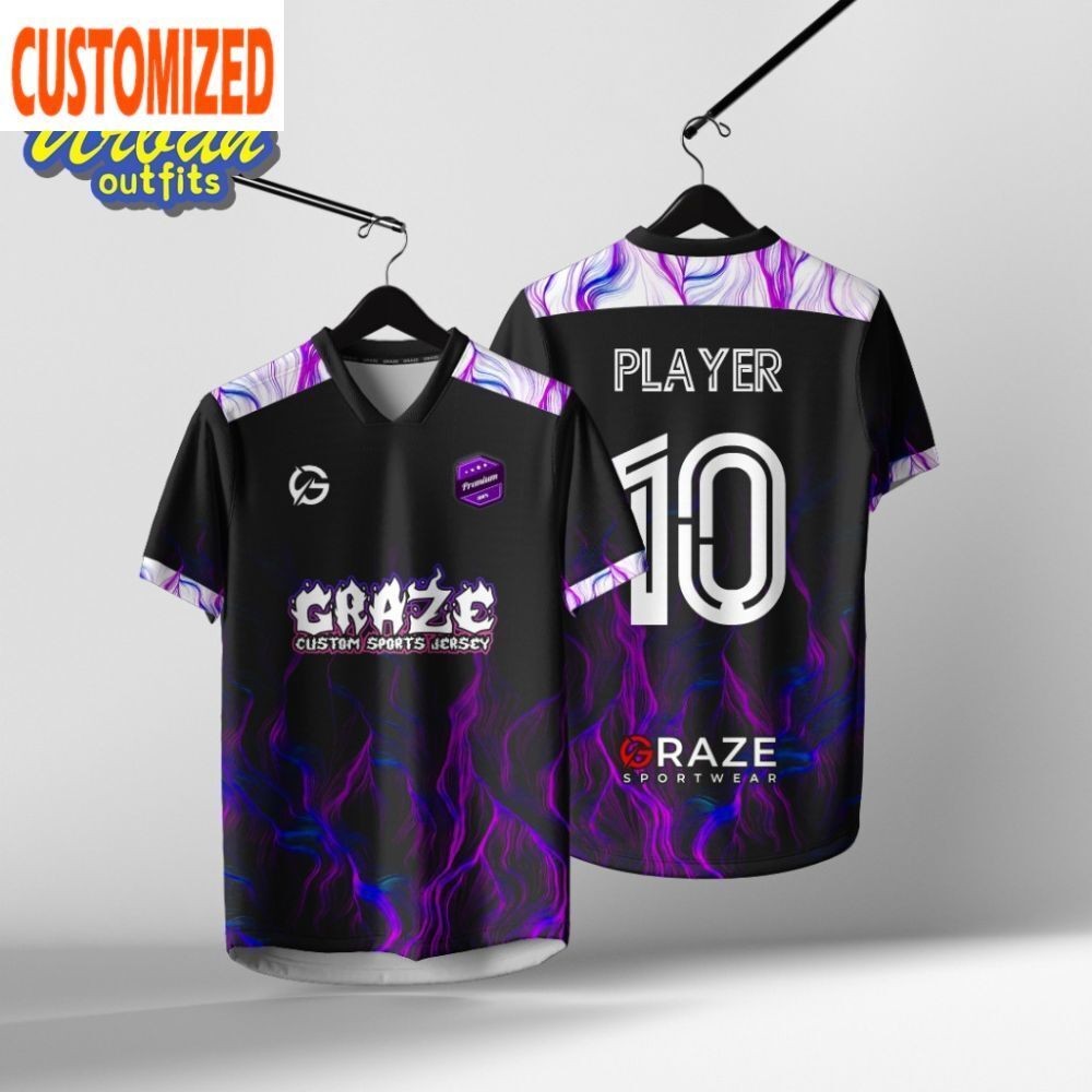 เสื้อเหย้าและเยือนฟุตบอล,เสื้อทีม,เสื้อเจอร์ซีย์พิมพ์ลายสายฟ้าสีขาวและสีม่วงชื่อที่กําหนดเองและตัวเลข
