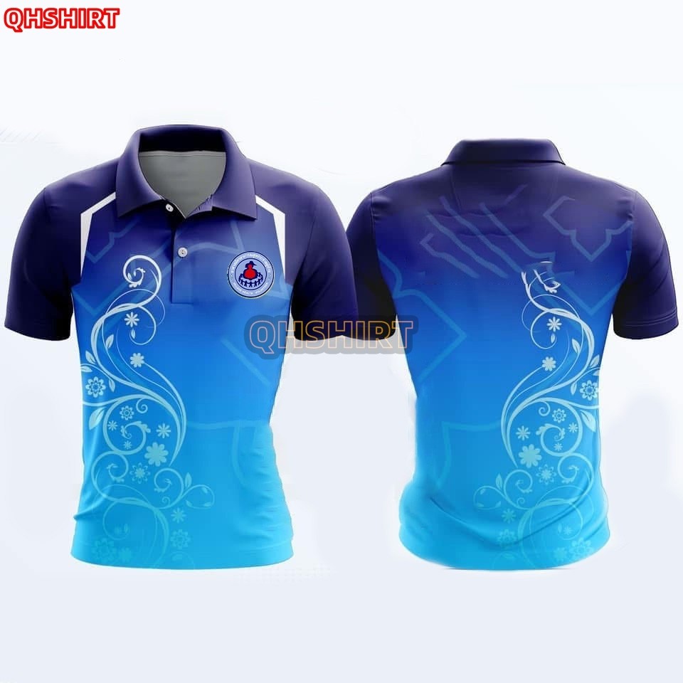 การออกแบบใหม่พิมพ์เสื้อโปโลสีฟ้าไล่โทนสีดอกไม้และเสื้อโปโลสำหรับผู้ชายและผู้หญิงเสื้อโปโล (เลือกตราหน่วยงานได้ สาธา สพฐ อปท และอื่นๆ)