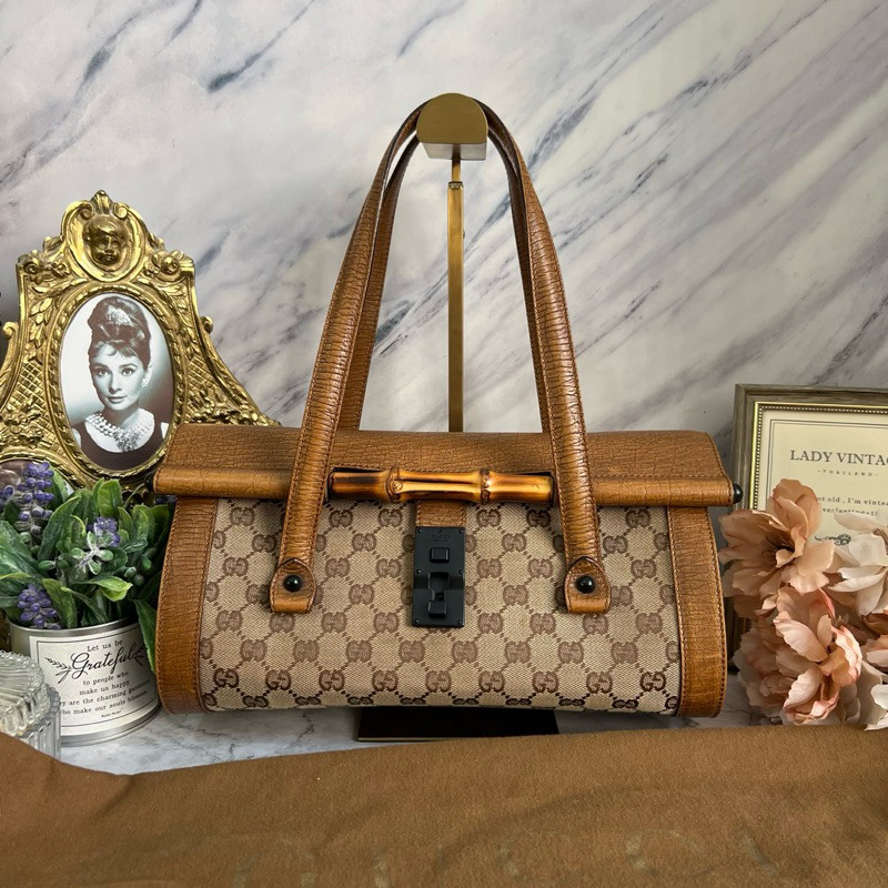 ♞,♘,♙Gucci bamboo bullet brown leather shoulder bag มือสองของแท้