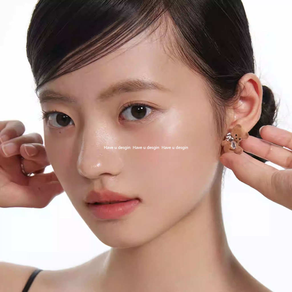 มี u desgin Flocking Bear Bow ต้นฉบับน่ารักต่างหูต่างหูต่างหูเพทายประณีต
