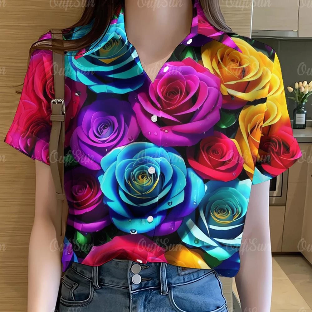 เสื้อผู้หญิงลายกราฟฟิตี้ลายรุ้ง แขนสั้น สไตล์ฮาวาย