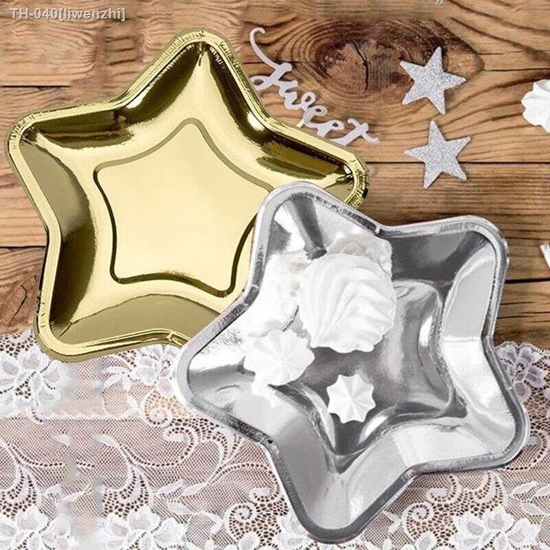 10Pcs ♞ Disposable Paper Trays Christmas Party Gold Sier Color Star Shape Paper Plates Party Cake