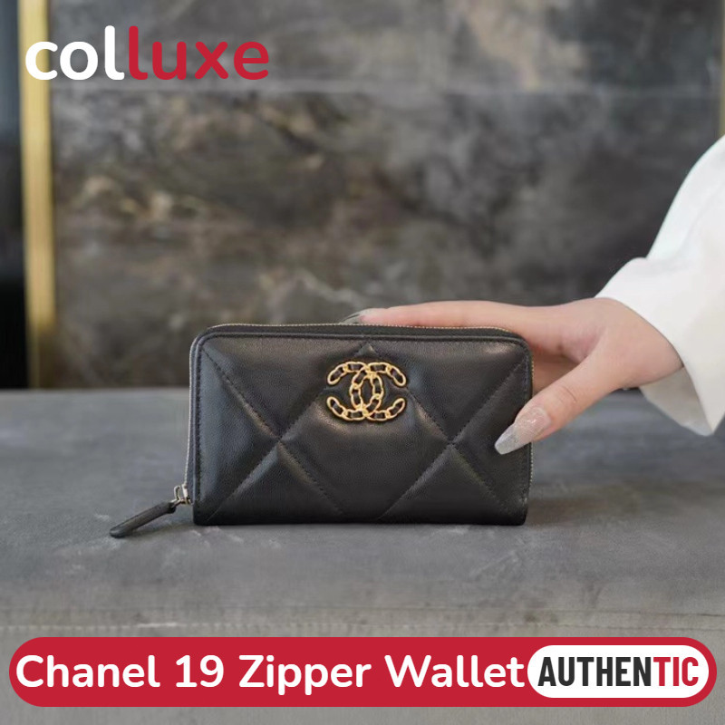 ♞ของแท้ชาแนล Chanel 19 Zipper Wallet Lambskin หนังลูกแกะ กระเป๋าสตางค์ซิป Black