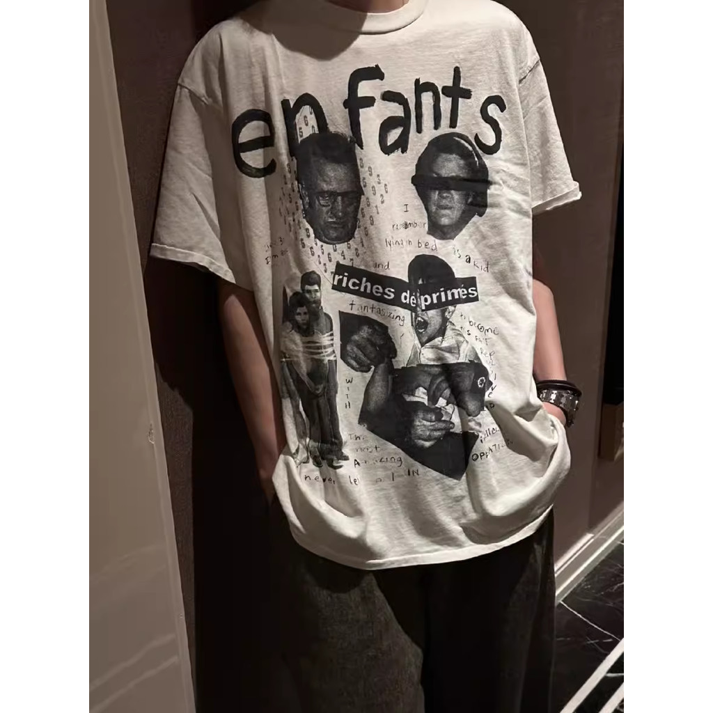 Erd Graffiti ภาพในวัยเด ็ กพิมพ ์ รอบคอ Retro หลวมแขนสั ้ น T @