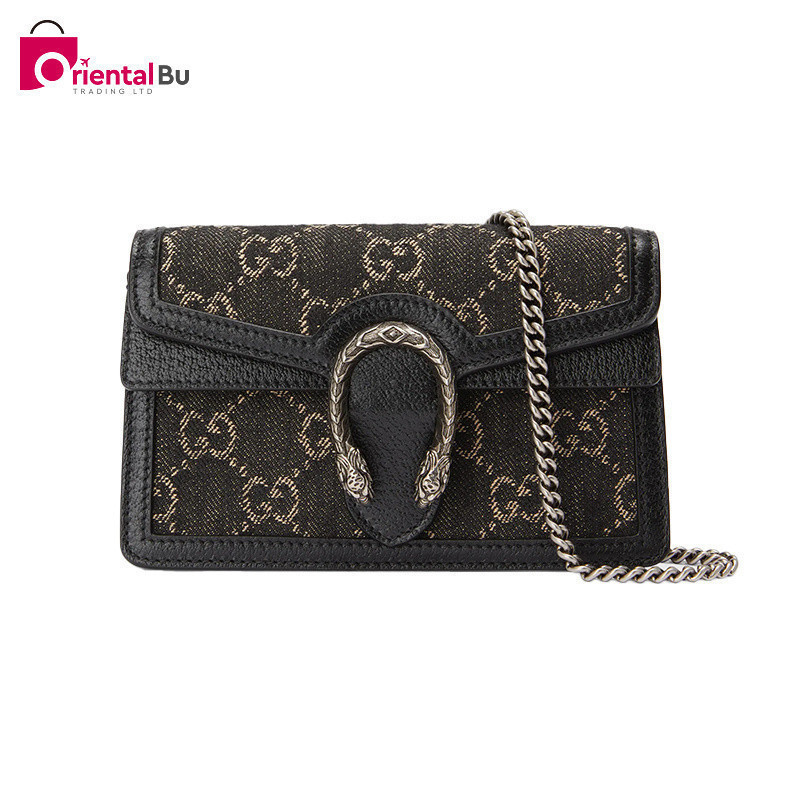 Gucci Gucci กระเป ๋ าผู ้ หญิง Dionysus กระเป ๋ าสะพาย GG Jacquard Black Denim Super Mini Chain Bag