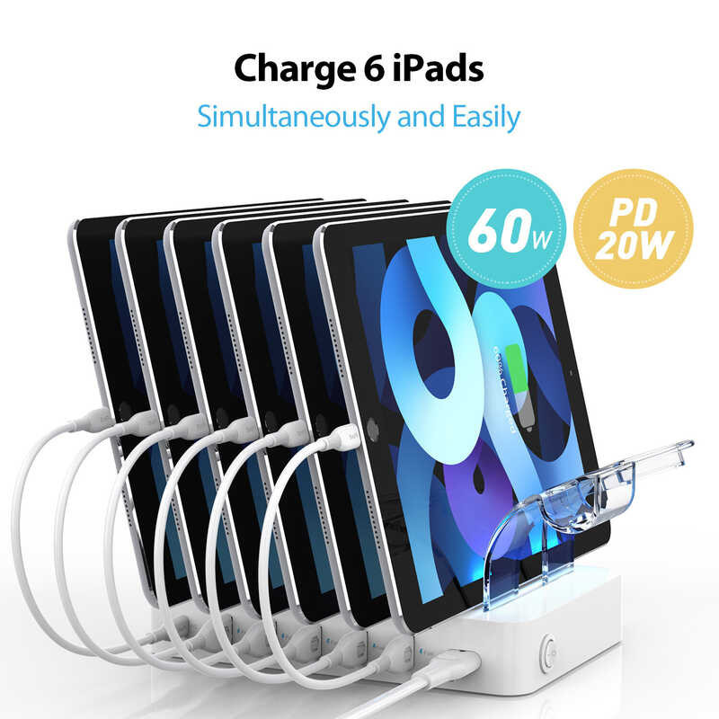 60W/12A 6-Port SooPii Station Multiple Devices, PD 20W Fast Charging for lPhone 14/13/12,6 Short Ca