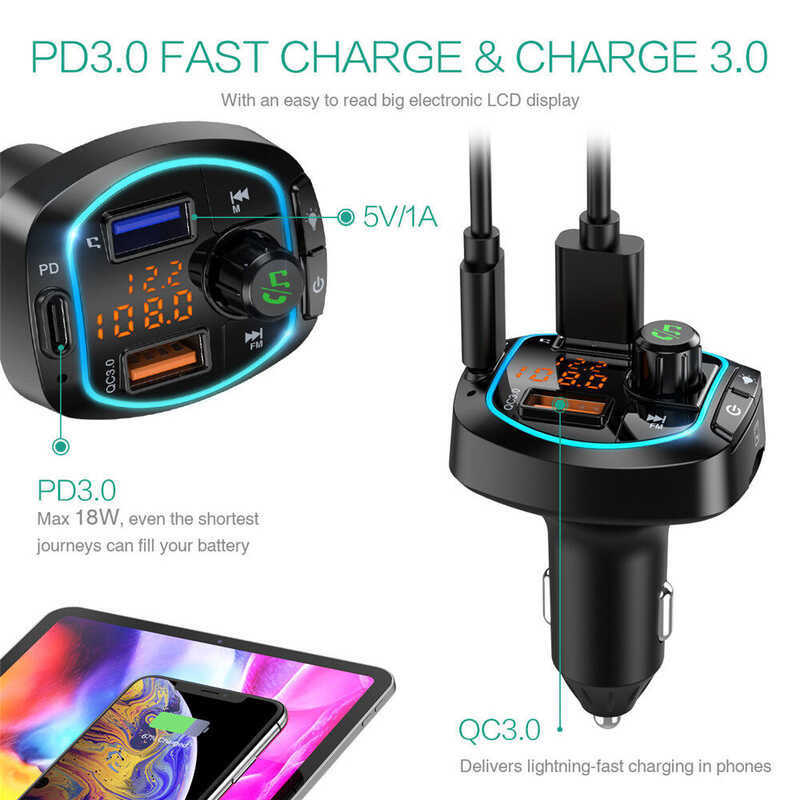 ORIA Bluetooth 5.0 FM Transmitter, 18W Type C PD + QC 3.0, Usb-C Car Charger Wireless Adapter With Q