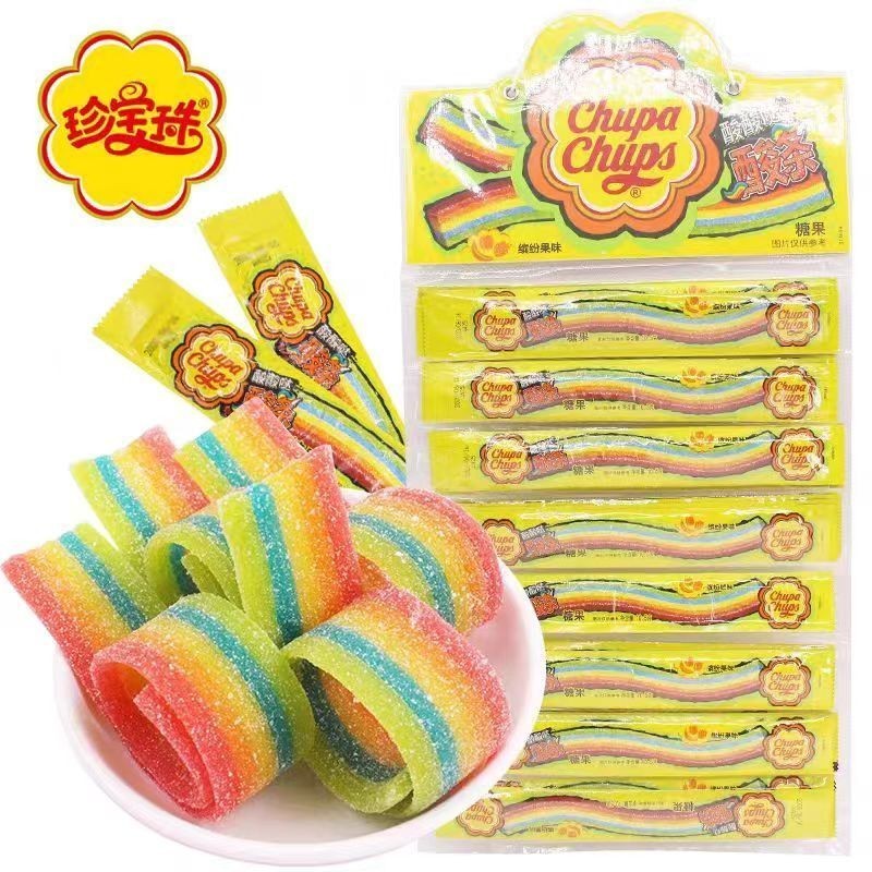 Chupa Chups Sour Candy ลูกอมเหนียวสายรุ้ง ลูกอมรสหวานและเปรี้ยว ลูกอมเคี้ยวหมากฝรั่ง Rainbow Rainbo