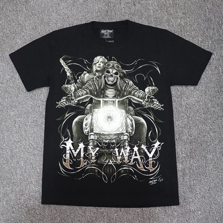 เสื้อยืดแขนสั้นพิมพ์ลายกะโหลกสไตล์อเมริกันย้อนยุคสุดฮอตสำหรับผู้ชายและผู้หญิง
