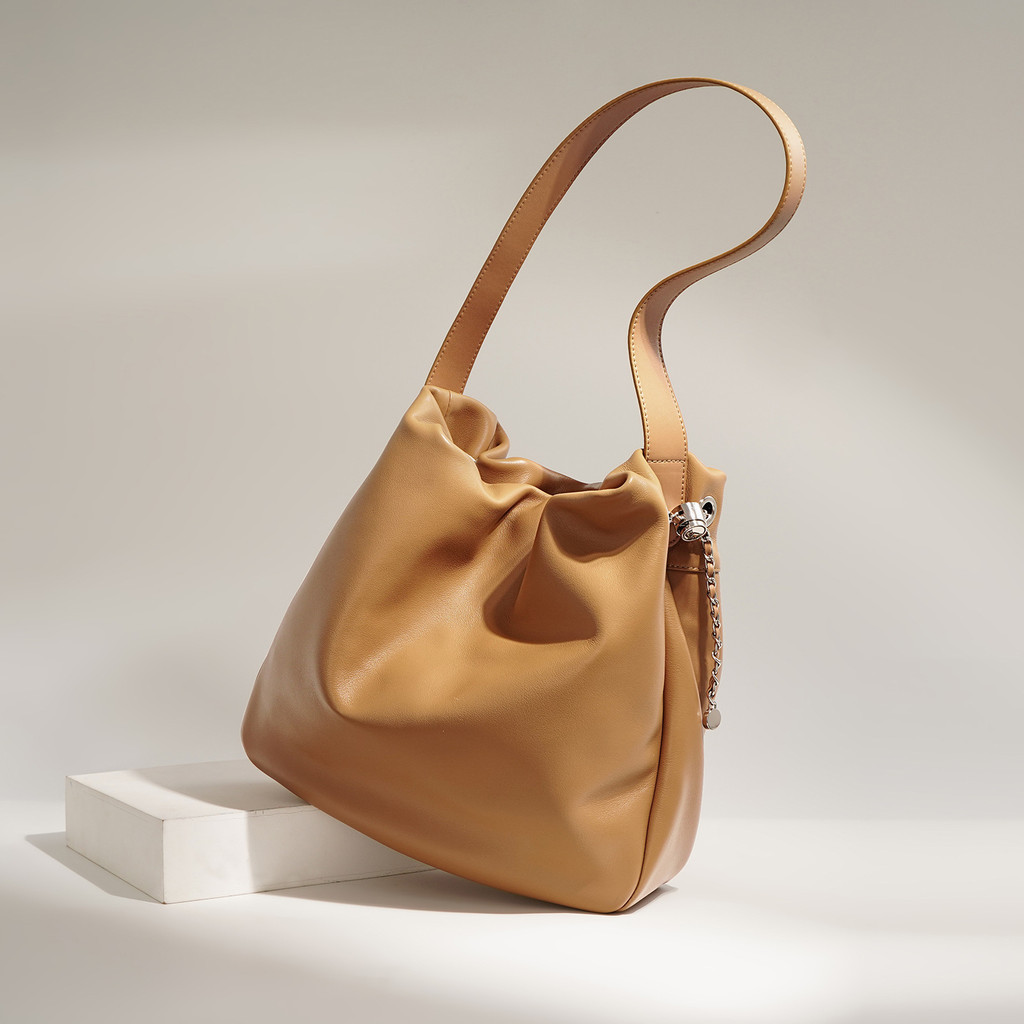 New First Layer Cowhide Tote Women Leather Simple Underarm Bag Large Capacity Pleated Bucket Bag
