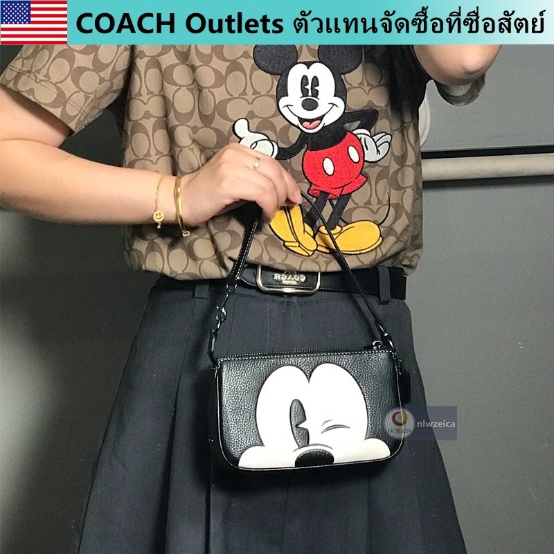 ♞Outlets COACH Disney Nolita 19 Wink กระเป๋าถือมินิของผู้หญิง กระเป๋าสะพายมิกกี้เม้าส์ สามารถใส่มือ