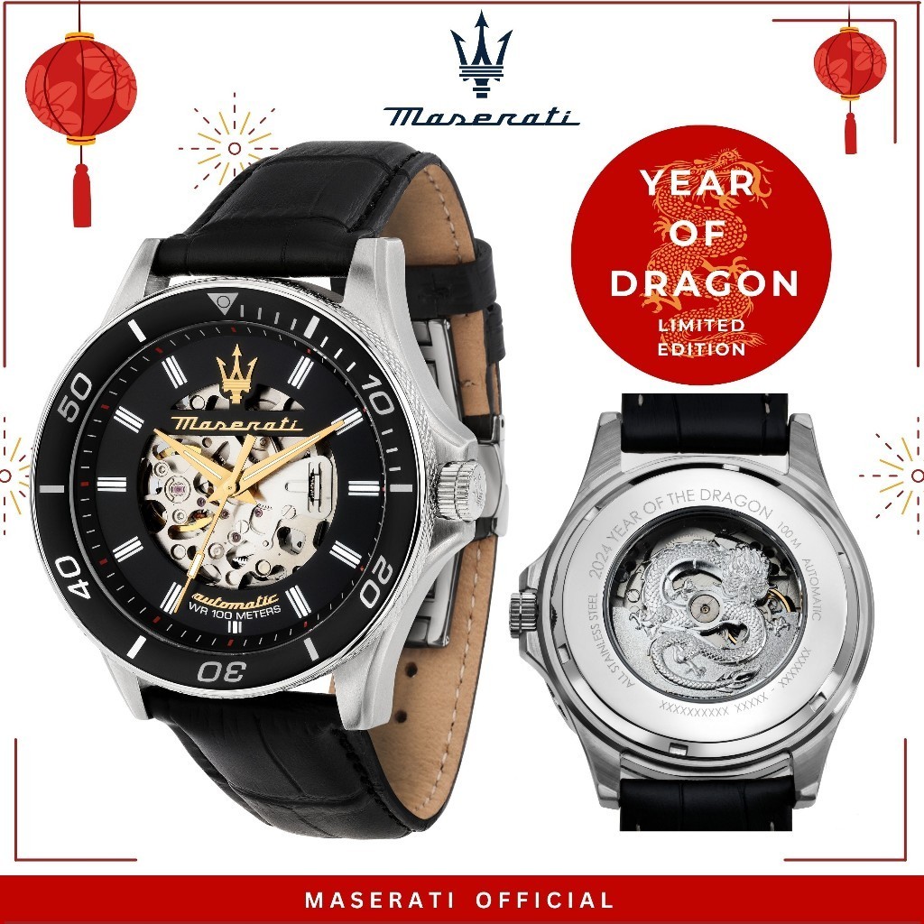 【Dragon Year Limited Edition】 Maserati Sfida 44mm Black Skeleton Dial with Dragon Case Back Men's A