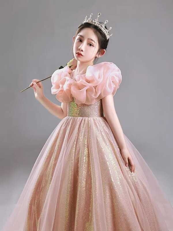 Old 4-16 Years Large Wedding Host Piano Performance Children's Christmas Evening Dress F22