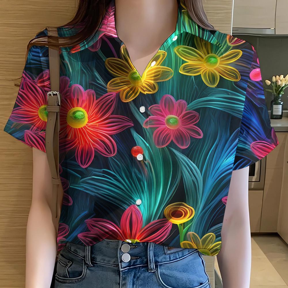 เสื้อลายดอกผู้หญิง ทรงฮาวาย แขนสั้น ลายรุ้ง thumbnail 6