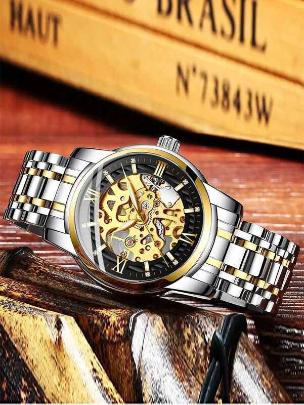 ▥ BIDEN Classic Nical Dia Dial Luminous Hands Gold Skeleton Automatic Men's Watch Stainless Ste