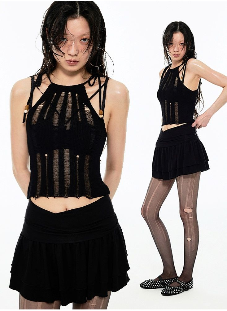 Shanmieleng สดชื่นฤดูร้อนกระดาษ Ice Gauze Hollow ถัก Laced-Up เสื้อกั๊กยุโรปสไตล์อเมริกันการออกแบบ Sense Ripped เอวแคบด้านนอกด้านบนใหม่