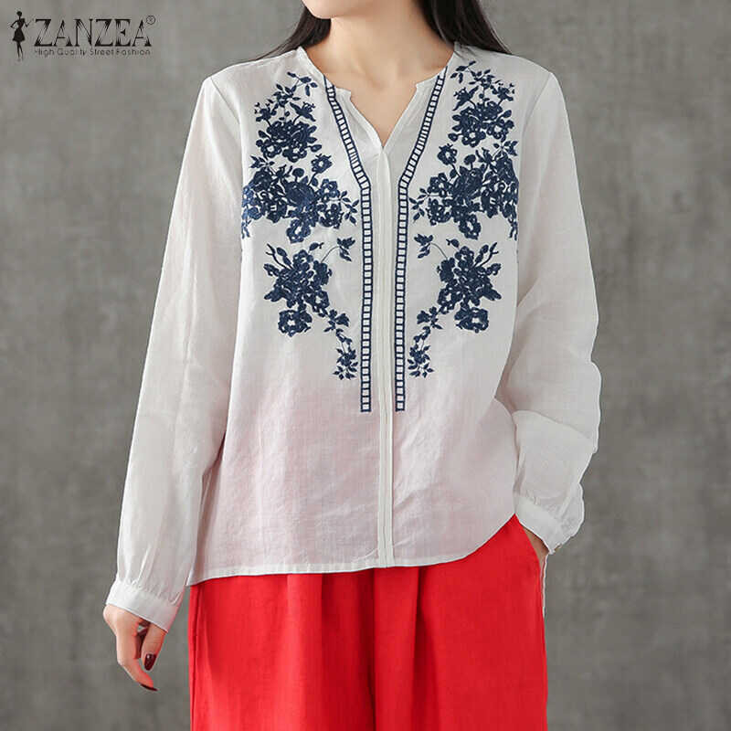 ❤ Esolo ZANZEA เสื้อเบลาส์คอวีแขนยาวสำหรับผู้หญิง,เสื้อท