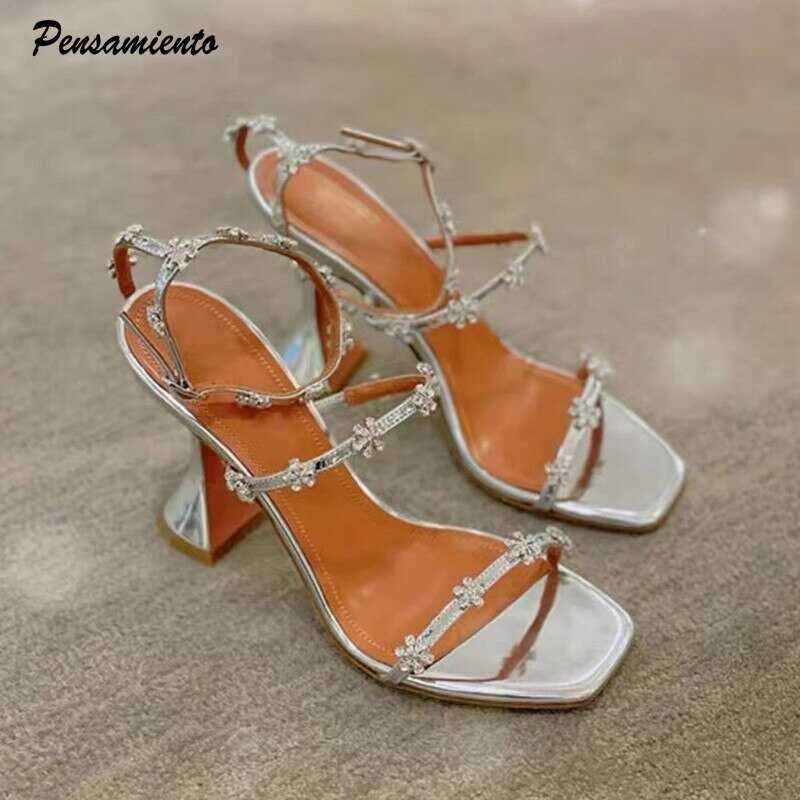Women Crystal Flowers Sandals Fashion Ankle Strap Buckle High heels Gladiator sandals Elegant Summe