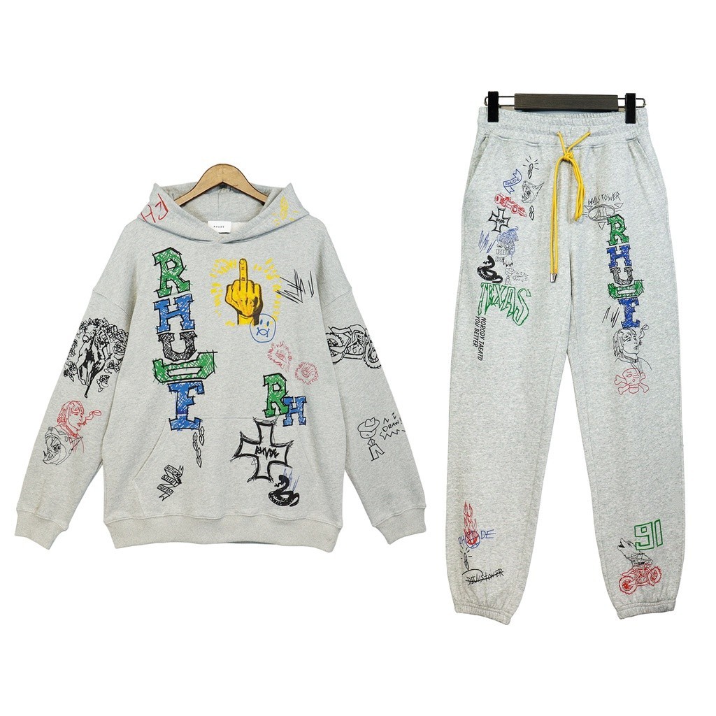 Rhude DOODLE Hoodie ชุดเสื้อฮู้ดดี้ กางเกงลําลอง ผ้าฝ้าย เพ้นท์มือ ลายกราฟฟิติ High Street ฤดูใบไม้