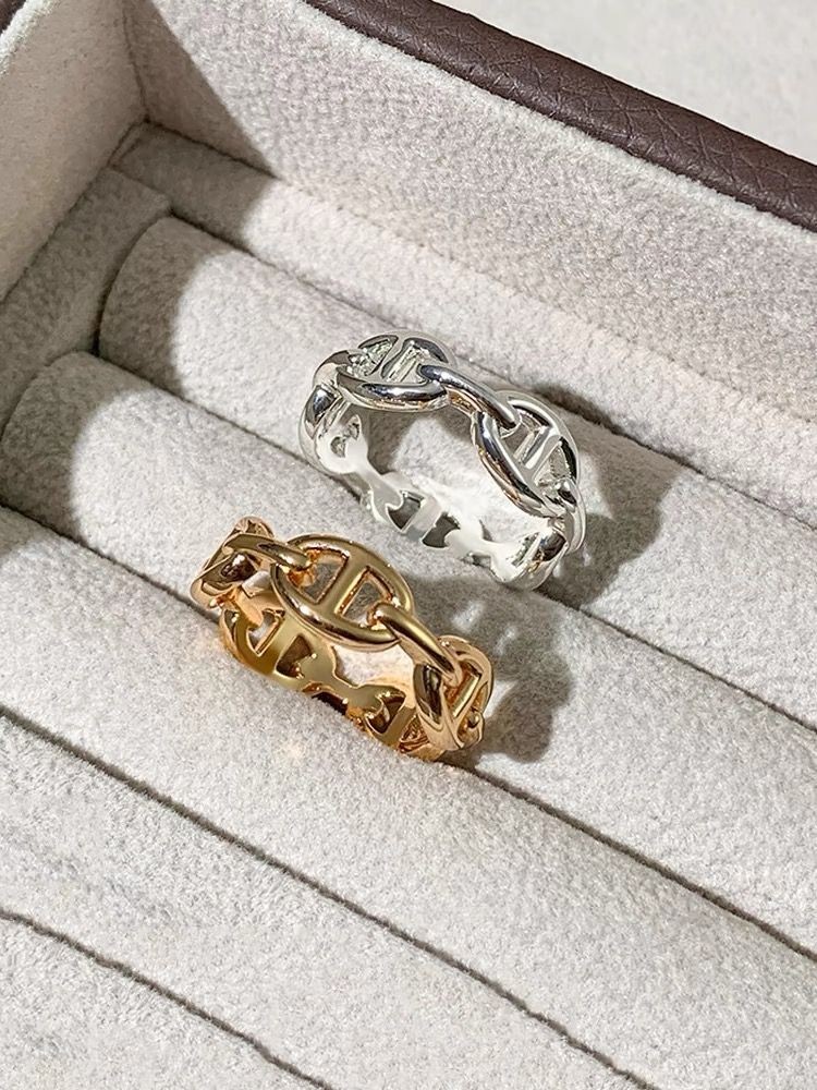 Hermes แฟชั่นใหม่โซ่เงา S925 แหวนเงินแท้ Niche Design Interlocking Index Finger Ring