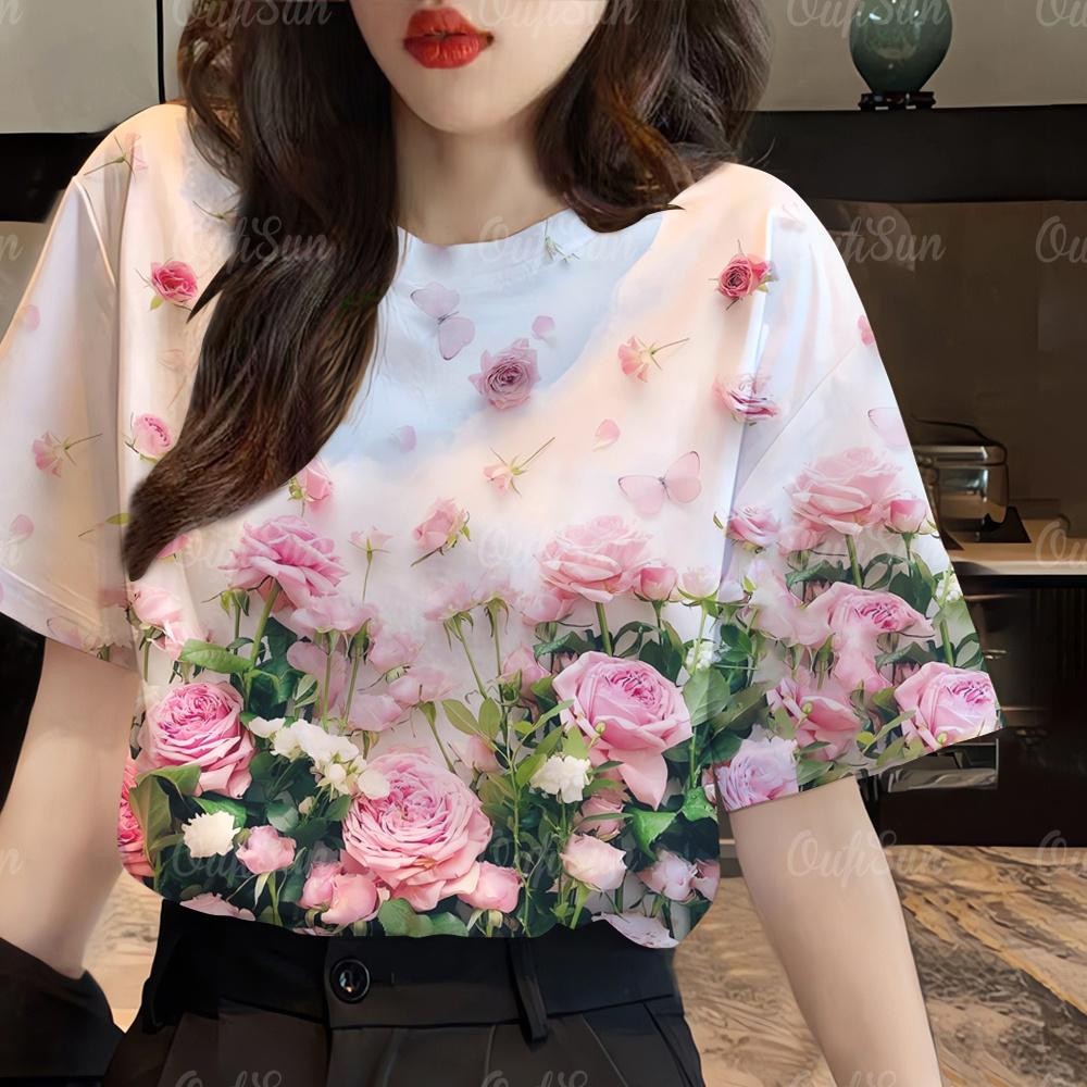 ดอกไม้ผู้หญิงเสื้อยืดสําหรับผู้หญิงเสื้อผ้าฤดูร้อนใหม่ในท็อปส์ ที แขนสั้น โอ-คอลําลอง เสื้อยืด 86