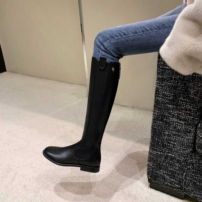 SUYIN เดียวกัน 204 ฤดูใบไม้ร่วงใหม่รอบหัวยางยืดรองเท้าซิปหลังหนังอัศวินหญิงสูงยาว ❤