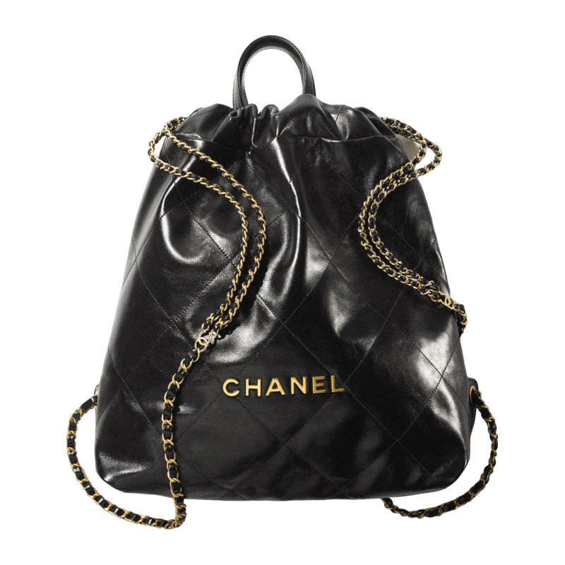 ♞,♘,♙กระเป๋าสะพายหลังหนังลูกวัวเคลือบเงาสีดำขนาดใหญ่ 22 ของ Chanel/Chanel ของแท้ 100%