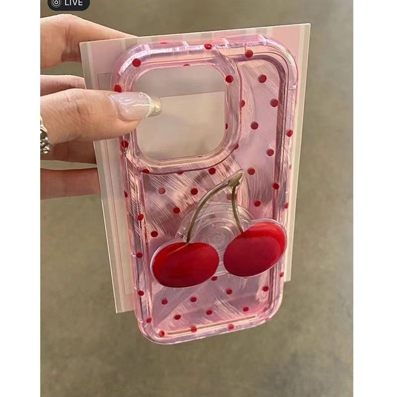 Iphone15/12 เคสโทรศัพท ์ พร ้ อมขาตั ้ ง Apple 12pro/1314 เคสโทรศัพท ์ ลายจุดสีชมพู