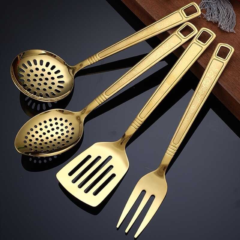 Kitchen Stainless Steel Gold Cooking Utensils Hollow Shovel Spatula Large Salad Spoon Fork Stirring