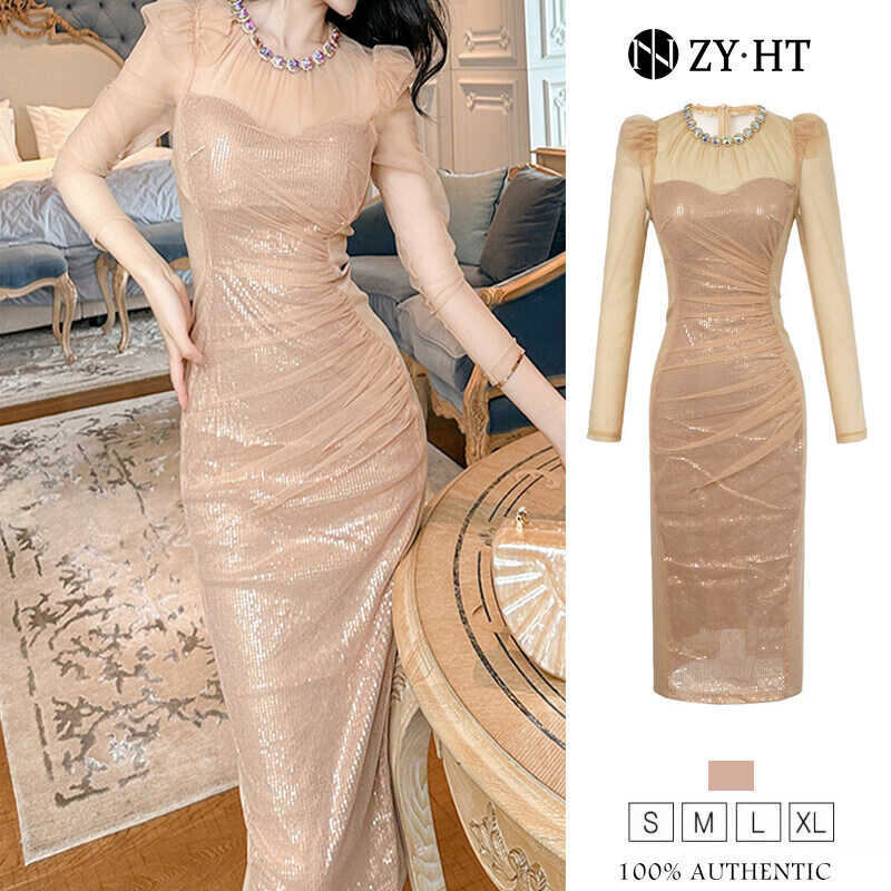 ZY.HT EraVogue เดรสผู้หญิง เดรสสีทอง ชุดราตรี เดรสแขนยาว เดรสผ้าเลื่อม เดรสไฮโซ เดรสออกงาน เดรสไปงานแต่ง เดรสฝรั่งเศส